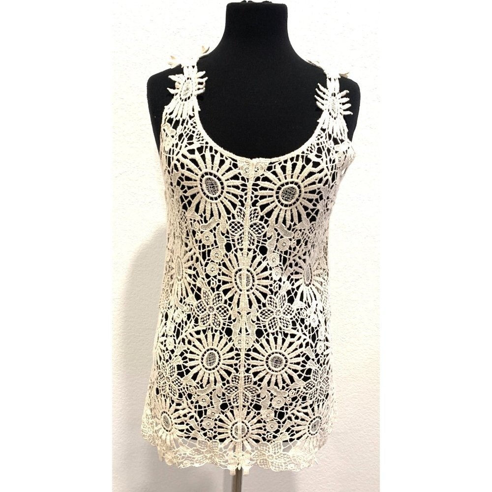 Great Northwest Indigo Ivory Floral Crochet Tank Top Beach Cowgirl S